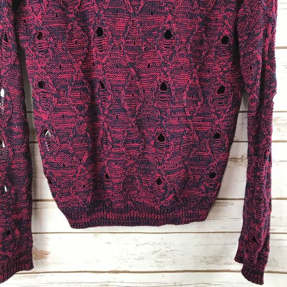 Forever 21 Women's Long Sleeve Sweater Pink Navy Blue Open Knit Juniors Medium - Picture 5 of 7